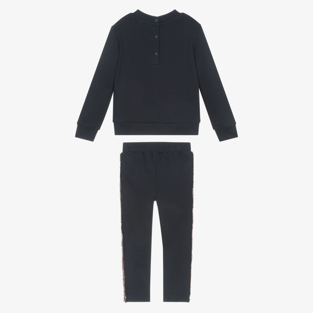 Patachou-Girls Navy Blue Cotton Bow Tracksuit with Grosgrain Taping | Childrensalon Outlet