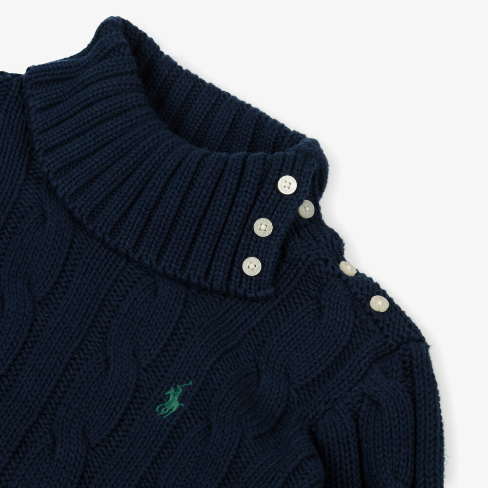 Ralph Lauren-Girls Navy Blue Cotton Cable Knit Roll Neck Sweater | Childrensalon Outlet