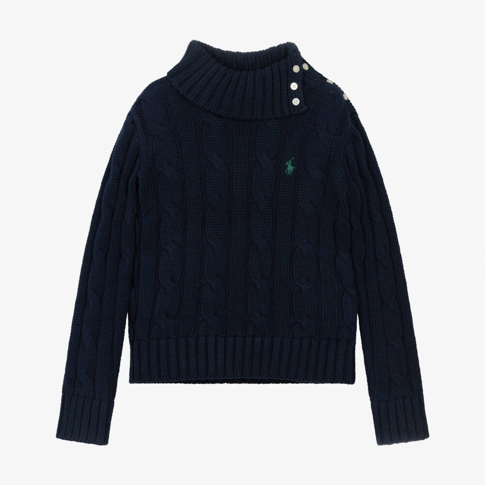Ralph Lauren-Girls Navy Blue Cotton Cable Knit Roll Neck Sweater | Childrensalon Outlet