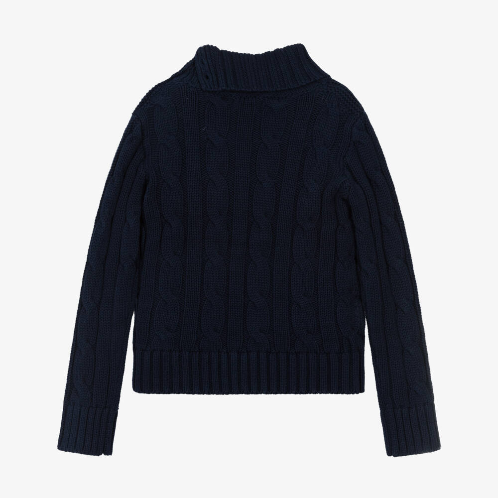Ralph Lauren-Girls Navy Blue Cotton Cable Knit Roll Neck Sweater | Childrensalon Outlet