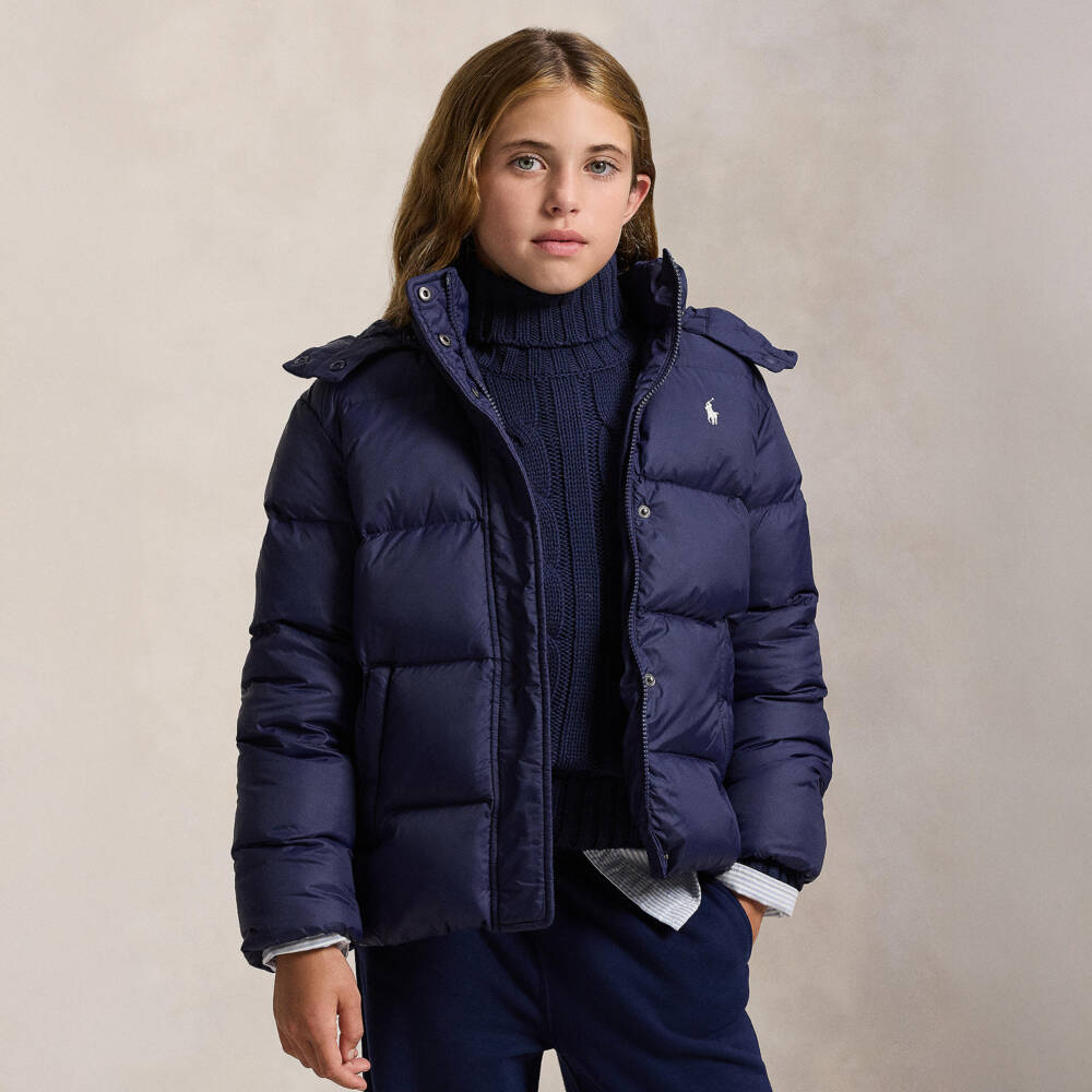 Ralph Lauren-Girls Navy Blue Cotton Cable Knit Roll Neck Sweater | Childrensalon Outlet