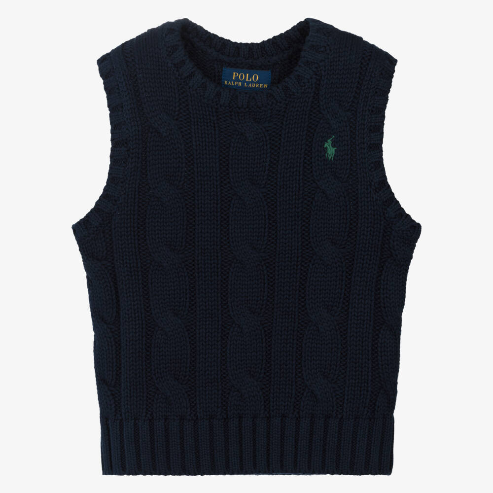 Ralph Lauren-Girls Navy Blue Cotton Cable Knit Slipover | Childrensalon Outlet