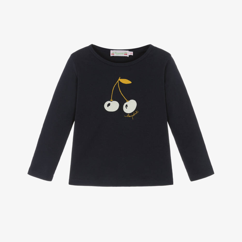 Bonpoint-Girls Navy Blue Cotton Cherry Embroidery Top | Childrensalon Outlet
