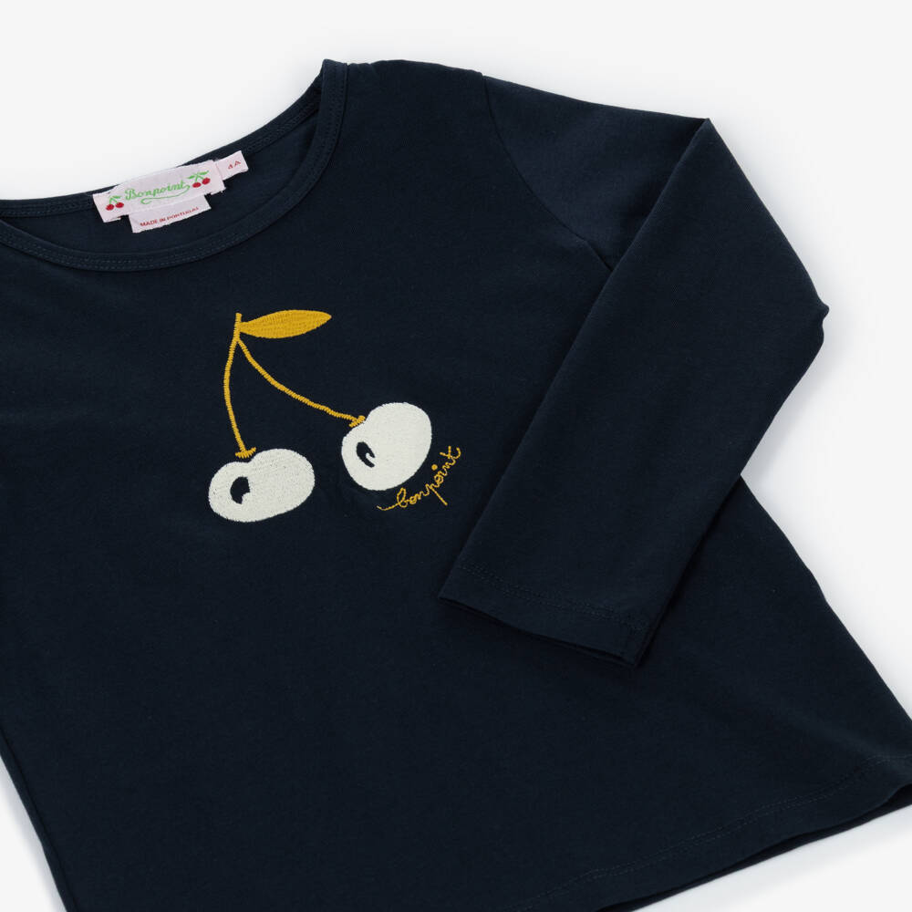 Bonpoint-Girls Navy Blue Cotton Cherry Embroidery Top | Childrensalon Outlet