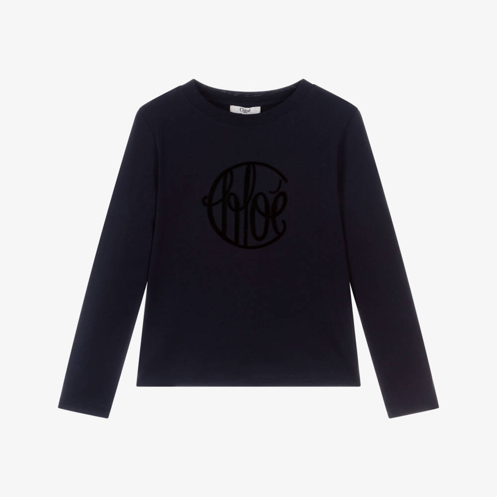 Chloé-تي شيرت قطن أزرق داكن للبنات بشعار | Childrensalon Outlet