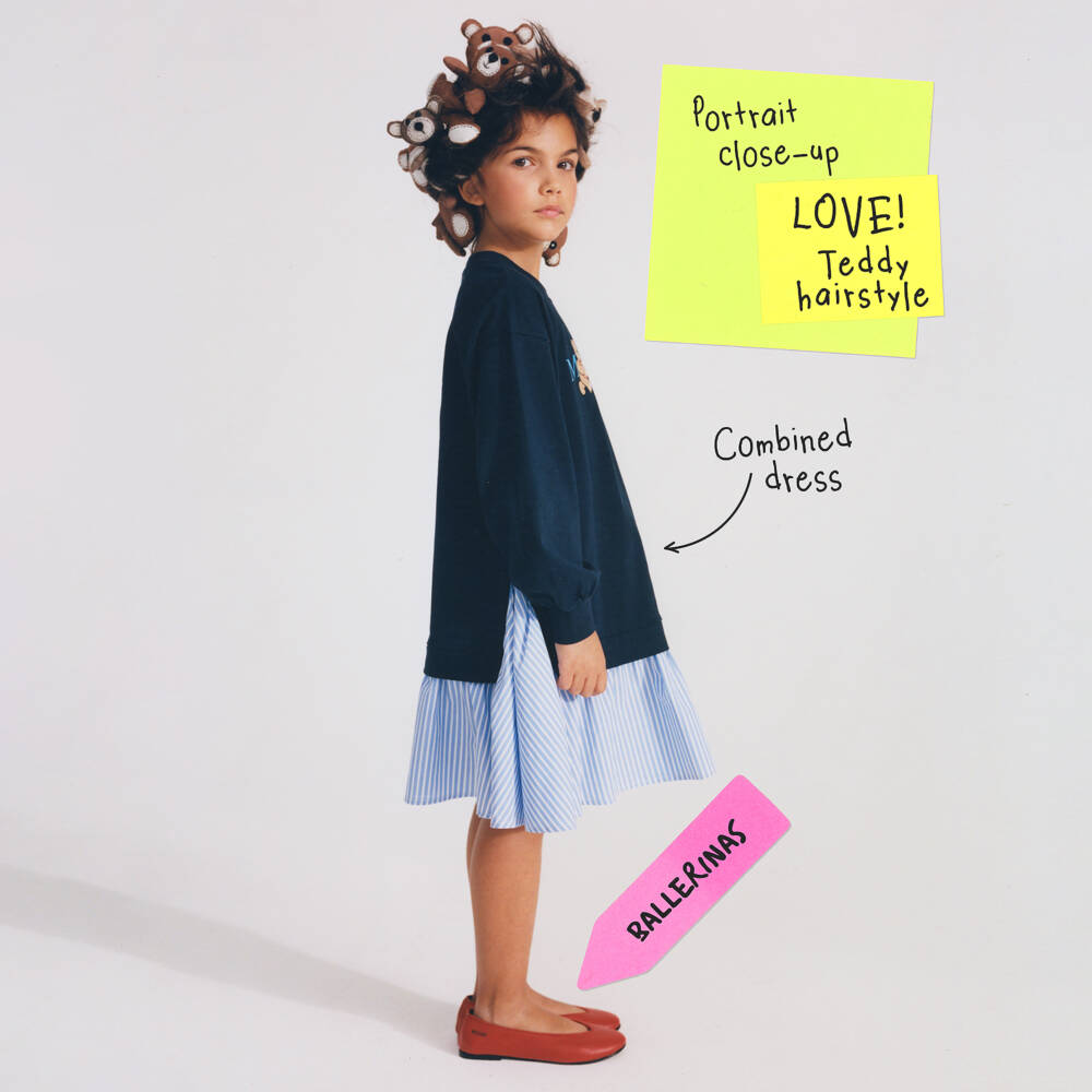 Moschino-Girls Navy Blue Cotton Dress with Colourful Logo | Childrensalon Outlet