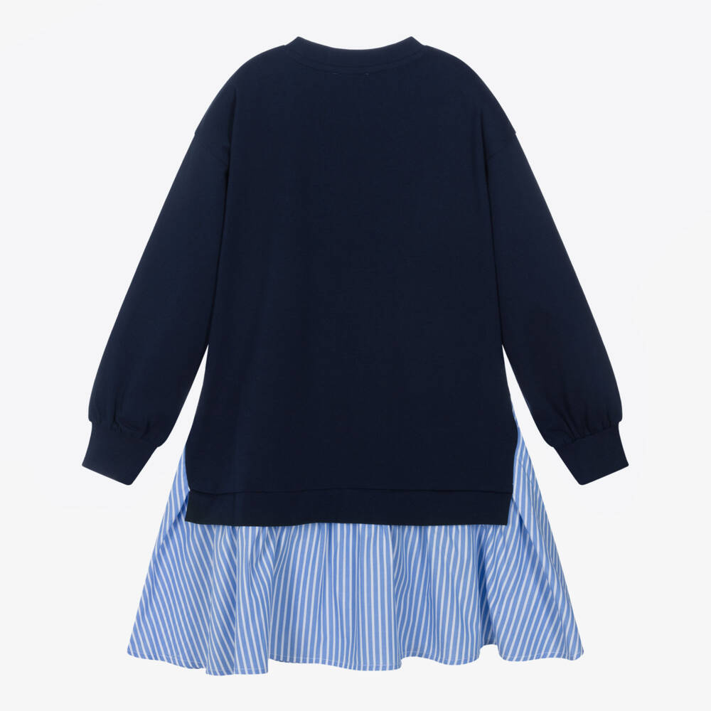 Moschino-Girls Navy Blue Cotton Dress with Colourful Logo | Childrensalon Outlet