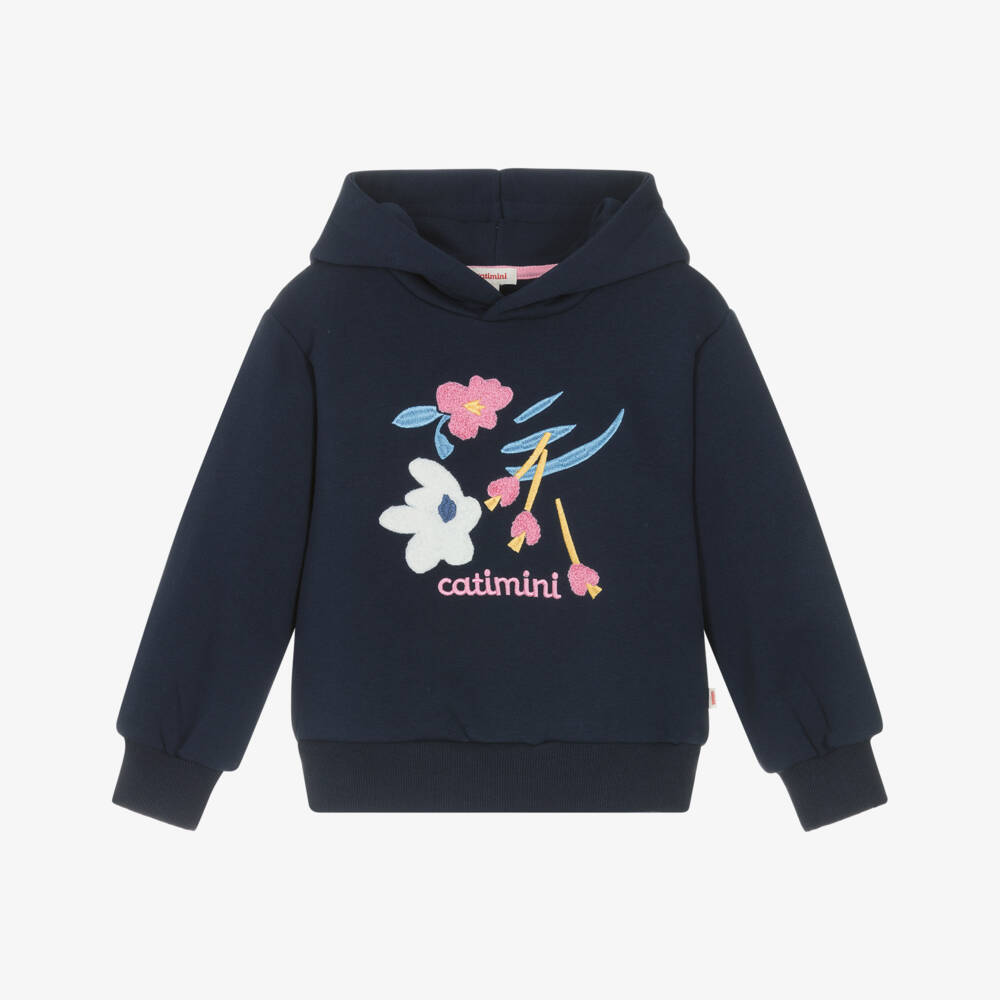 Catimini-Girls Navy Blue Cotton Floral Logo Hoodie | Childrensalon Outlet
