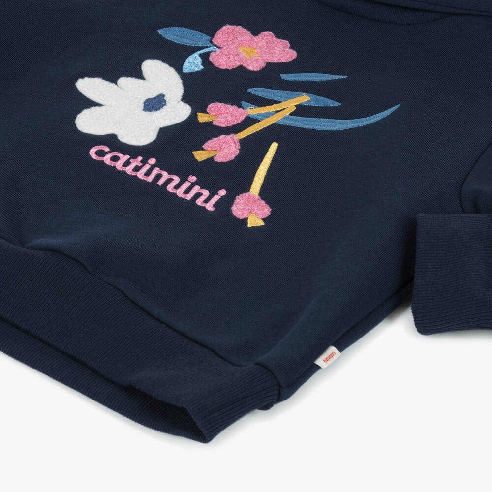 Catimini-Girls Navy Blue Cotton Floral Logo Hoodie | Childrensalon Outlet