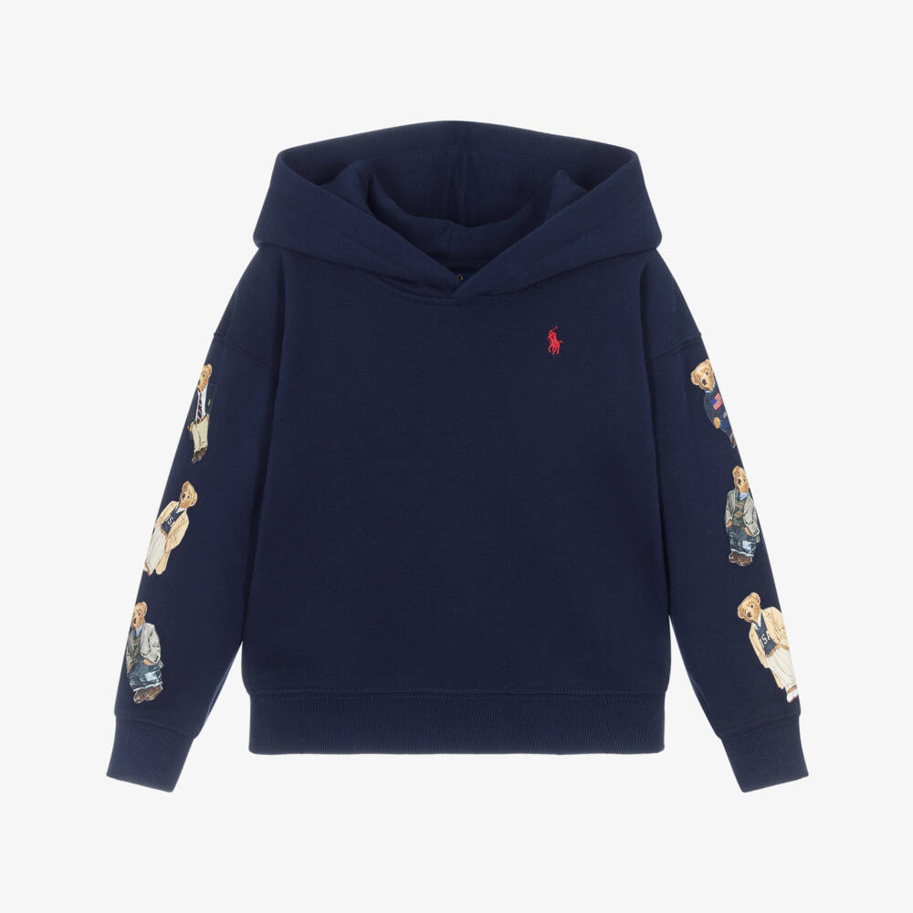 Ralph Lauren-Girls Navy Blue Cotton Hoodie with Polo Bear Printed Sleeves | Childrensalon Outlet