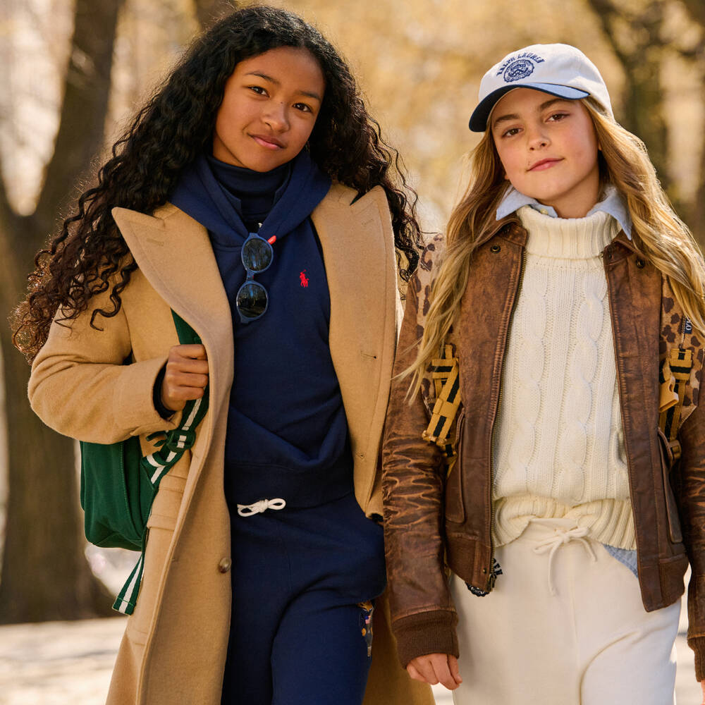 Ralph Lauren-Girls Navy Blue Cotton Hoodie with Polo Bear Printed Sleeves | Childrensalon Outlet