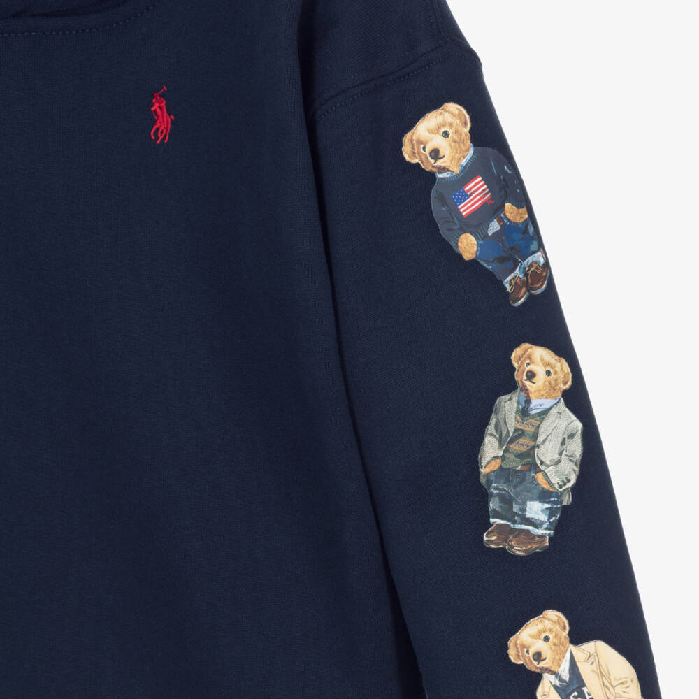 Ralph Lauren-Girls Navy Blue Cotton Hoodie with Polo Bear Printed Sleeves | Childrensalon Outlet