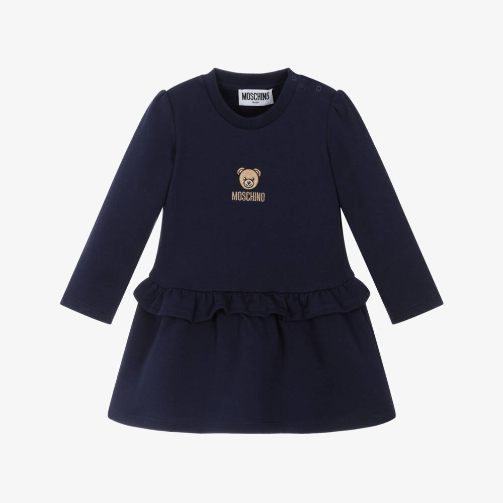 Moschino-Girls Navy Blue Cotton Jersey Dress with Gold Teddy Logo | Childrensalon Outlet