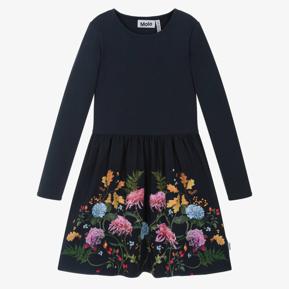 Molo-Girls Navy Blue Cotton Jersey Floral Dress | Childrensalon Outlet