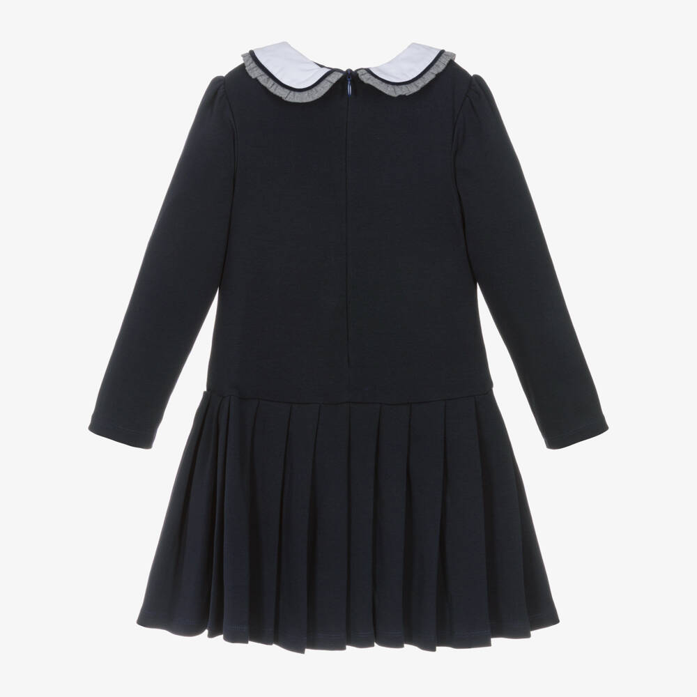 Patachou-Girls Navy Blue Cotton Jersey Pleated Dress | Childrensalon Outlet