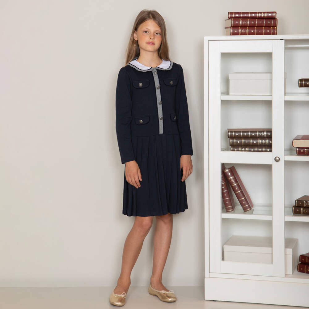 Patachou-Girls Navy Blue Cotton Jersey Pleated Dress | Childrensalon Outlet