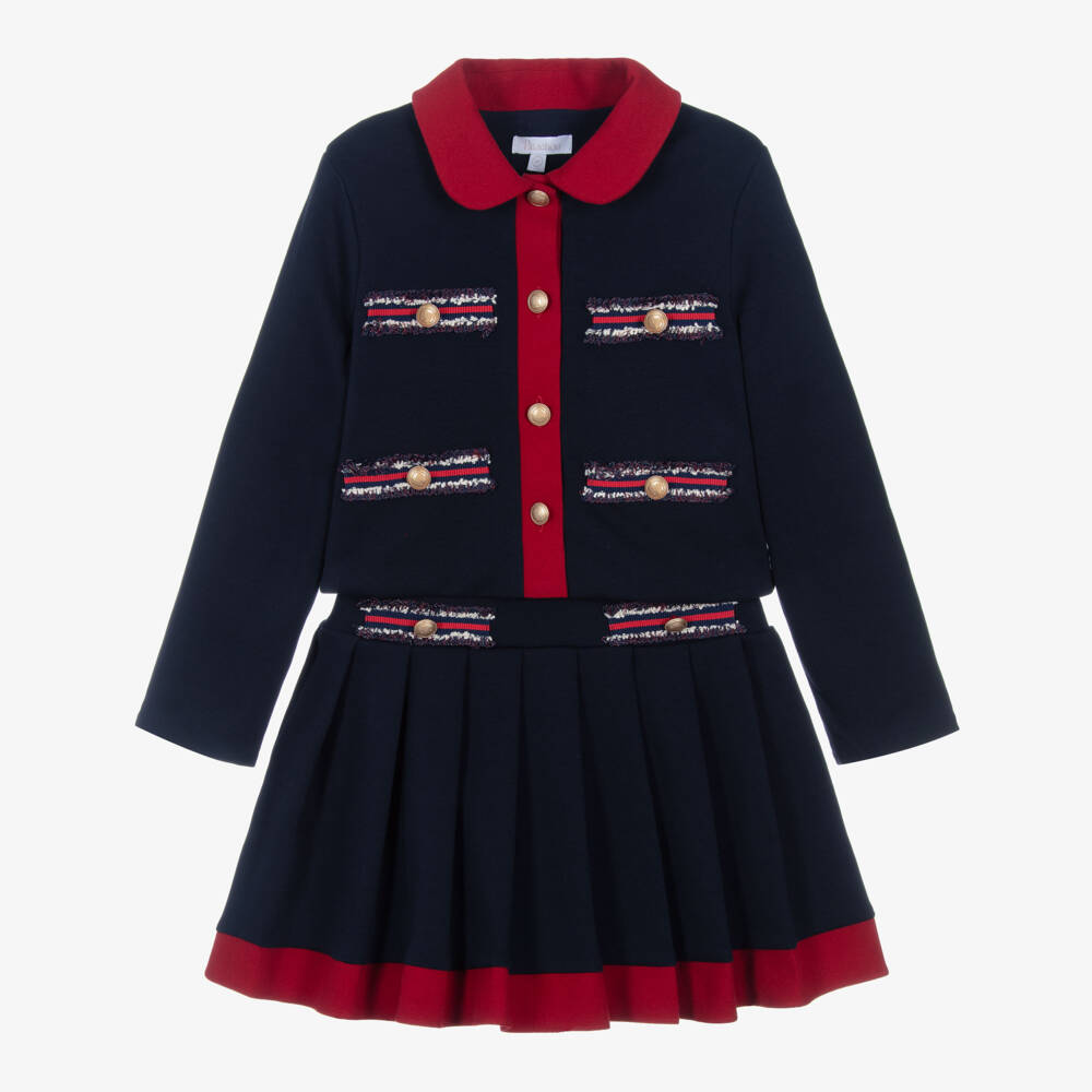 Patachou-Girls Navy Blue Cotton Jersey Skirt Set with Red Trim | Childrensalon Outlet