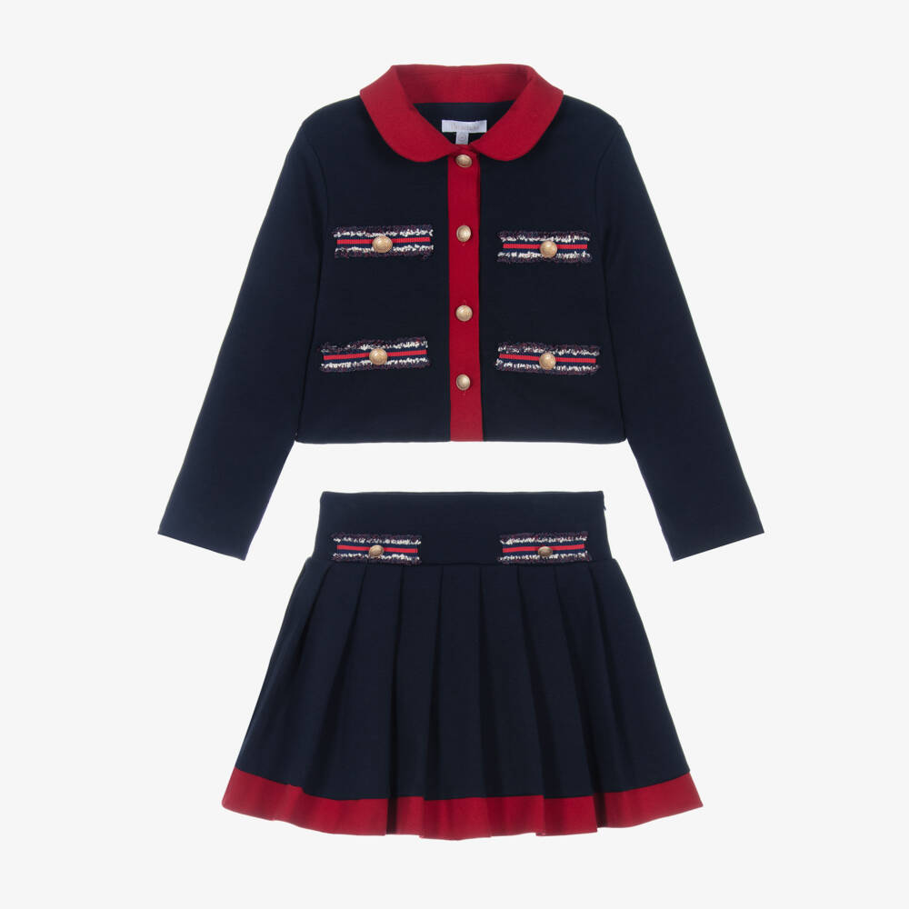 Patachou-Girls Navy Blue Cotton Jersey Skirt Set with Red Trim | Childrensalon Outlet