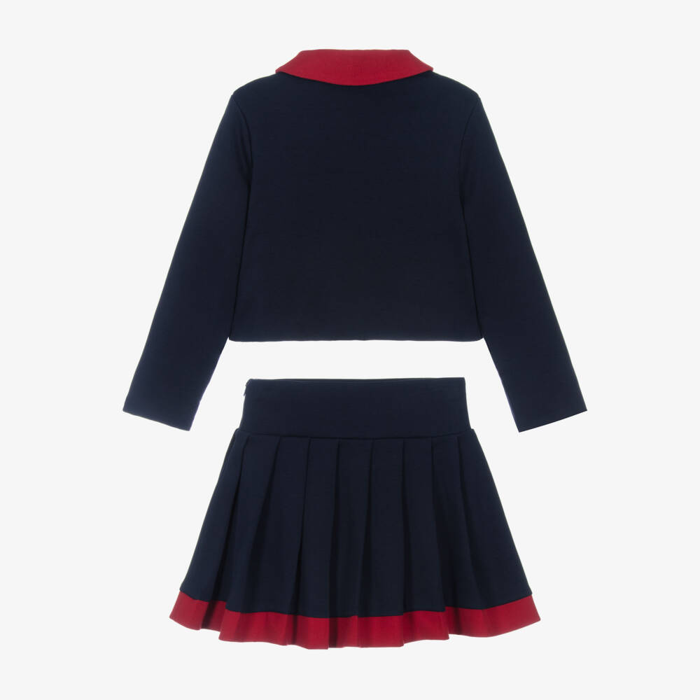 Patachou-Girls Navy Blue Cotton Jersey Skirt Set with Red Trim | Childrensalon Outlet