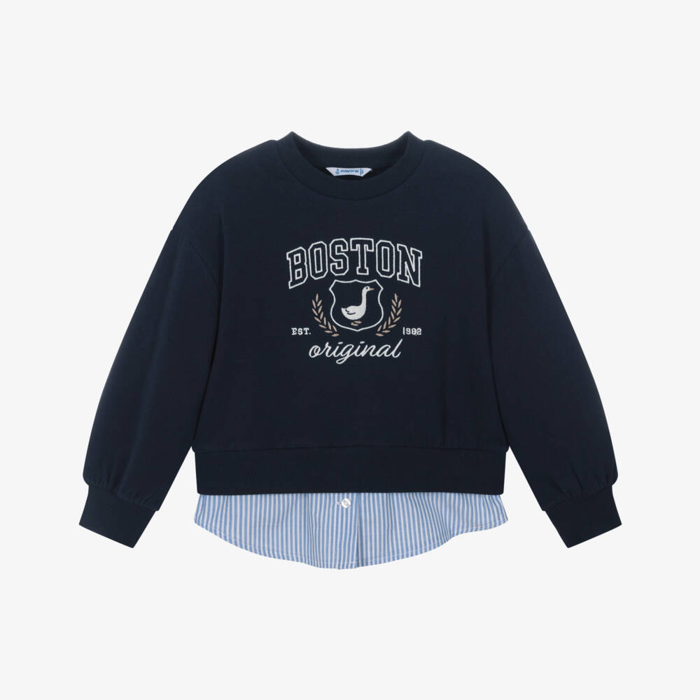 Mayoral-Girls Navy Blue Cotton Layered-Look Sweatshirt | Childrensalon Outlet
