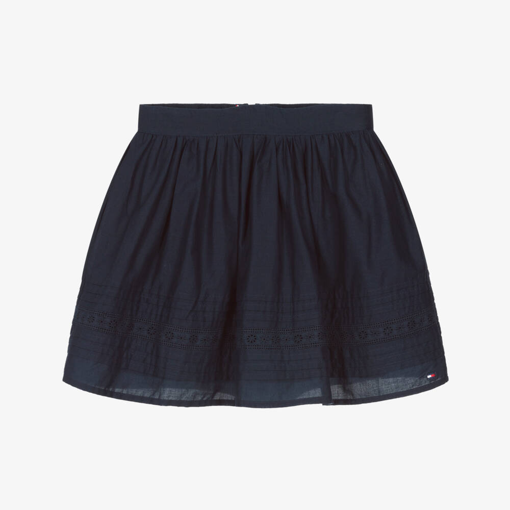 Tommy Hilfiger-Girls Navy Blue Cotton Poplin Skirt with Cut-Out Lace Tape | Childrensalon Outlet