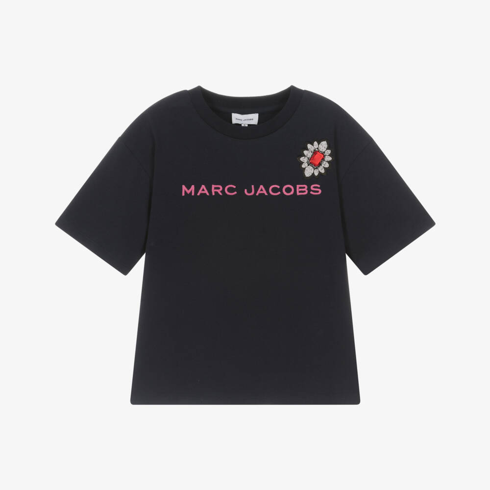 MARC JACOBS-Girls Navy Blue Cotton T-Shirt with Jewel Detail | Childrensalon Outlet