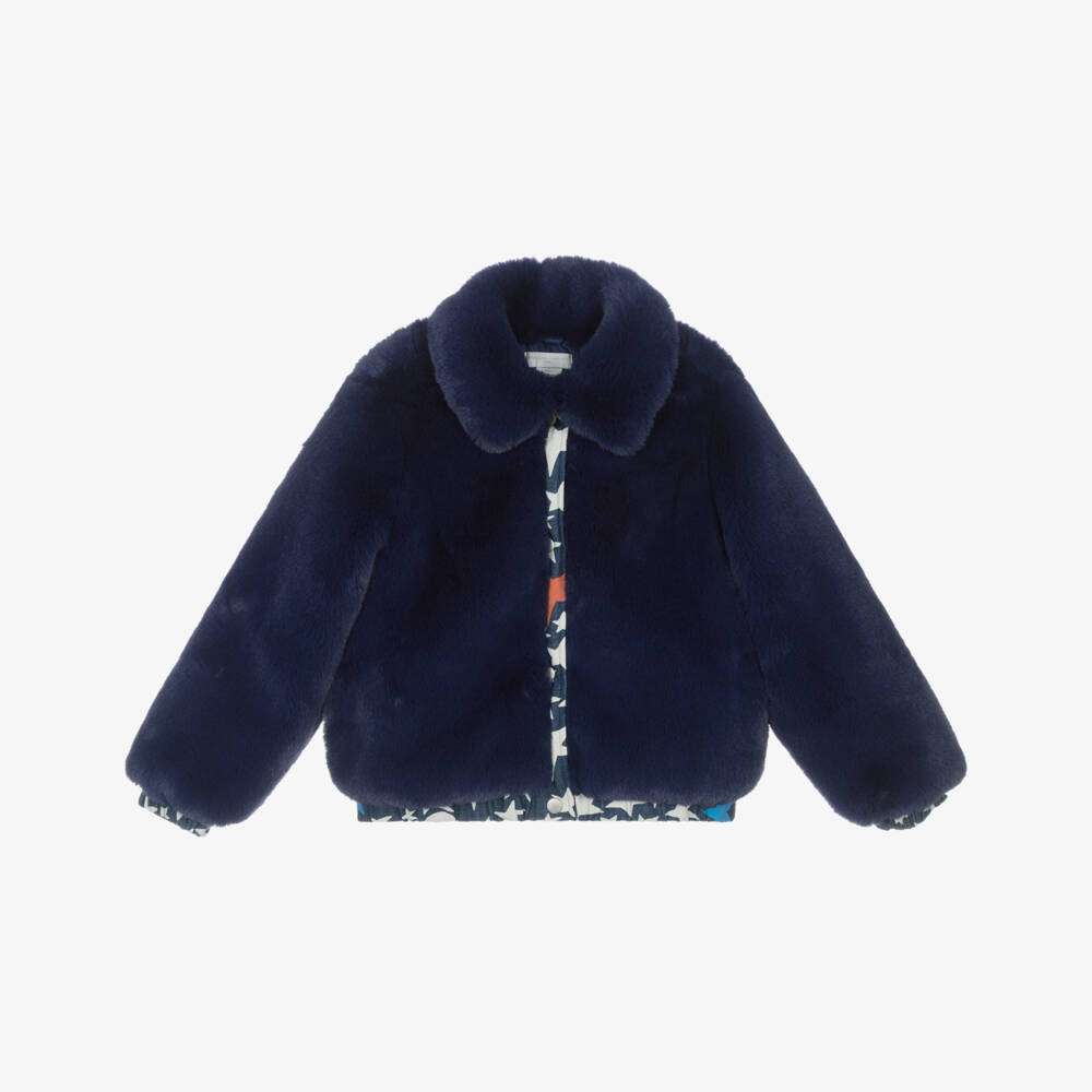 Stella McCartney Kids-Girls Navy Blue Faux Fur Jacket with Denim Star Trim | Childrensalon Outlet
