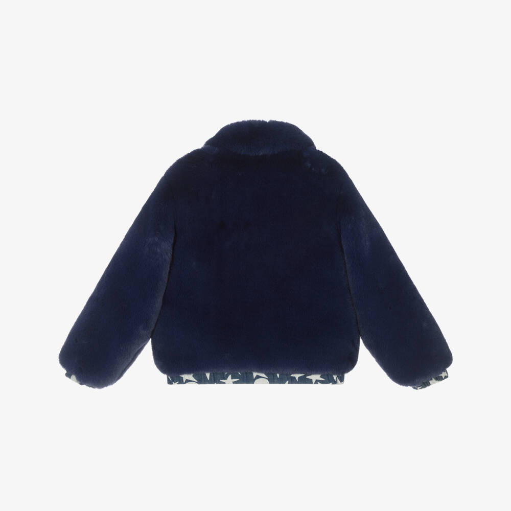 Stella McCartney Kids-Girls Navy Blue Faux Fur Jacket with Denim Star Trim | Childrensalon Outlet