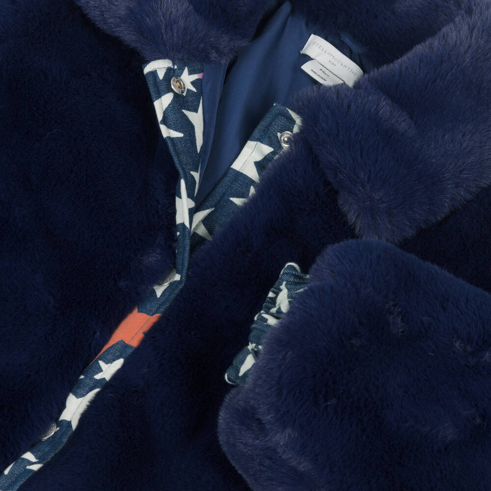 Stella McCartney Kids-Girls Navy Blue Faux Fur Jacket with Denim Star Trim | Childrensalon Outlet