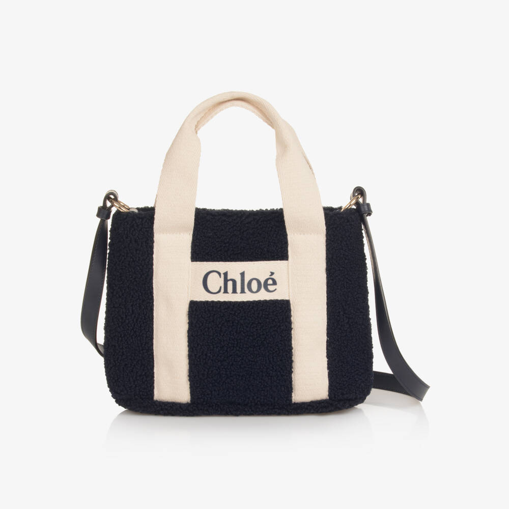 Chloé-Girls Navy Blue Faux Shearling Logo Handbag (28cm) | Childrensalon Outlet