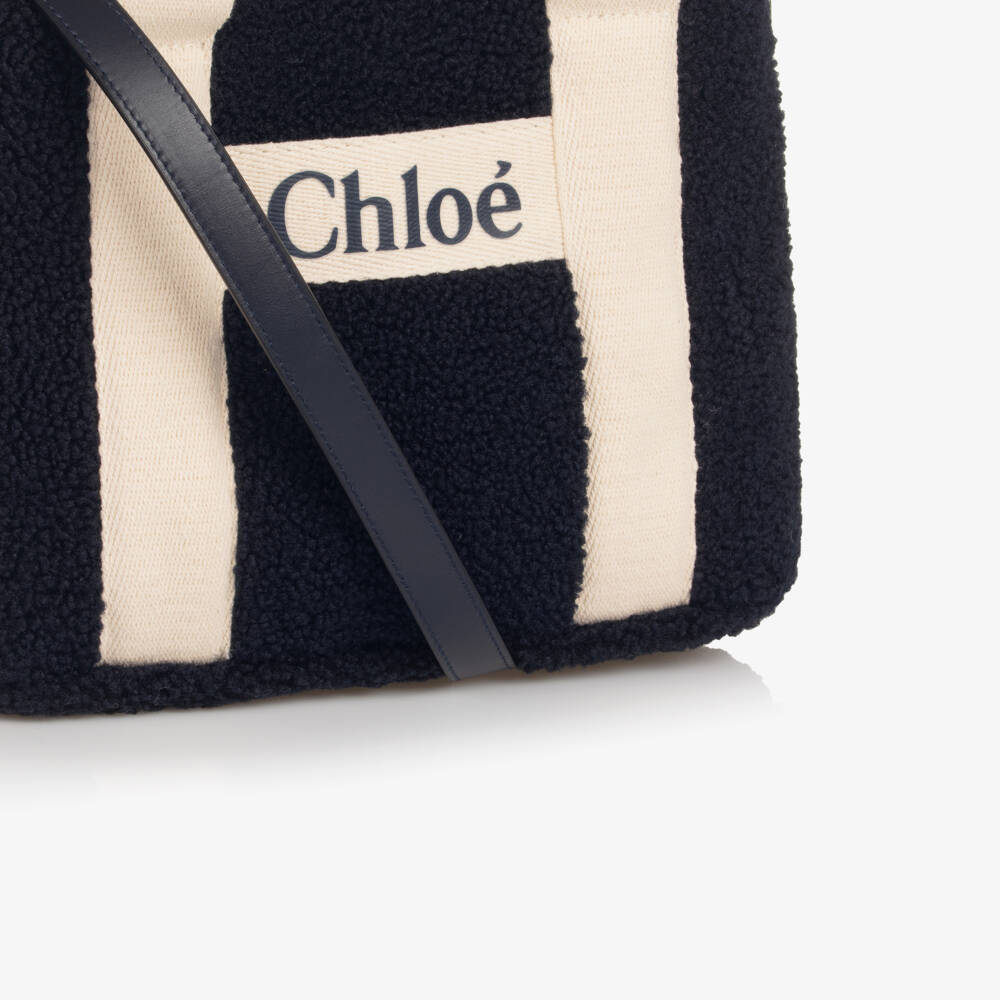 Chloé-Girls Navy Blue Faux Shearling Logo Handbag (28cm) | Childrensalon Outlet