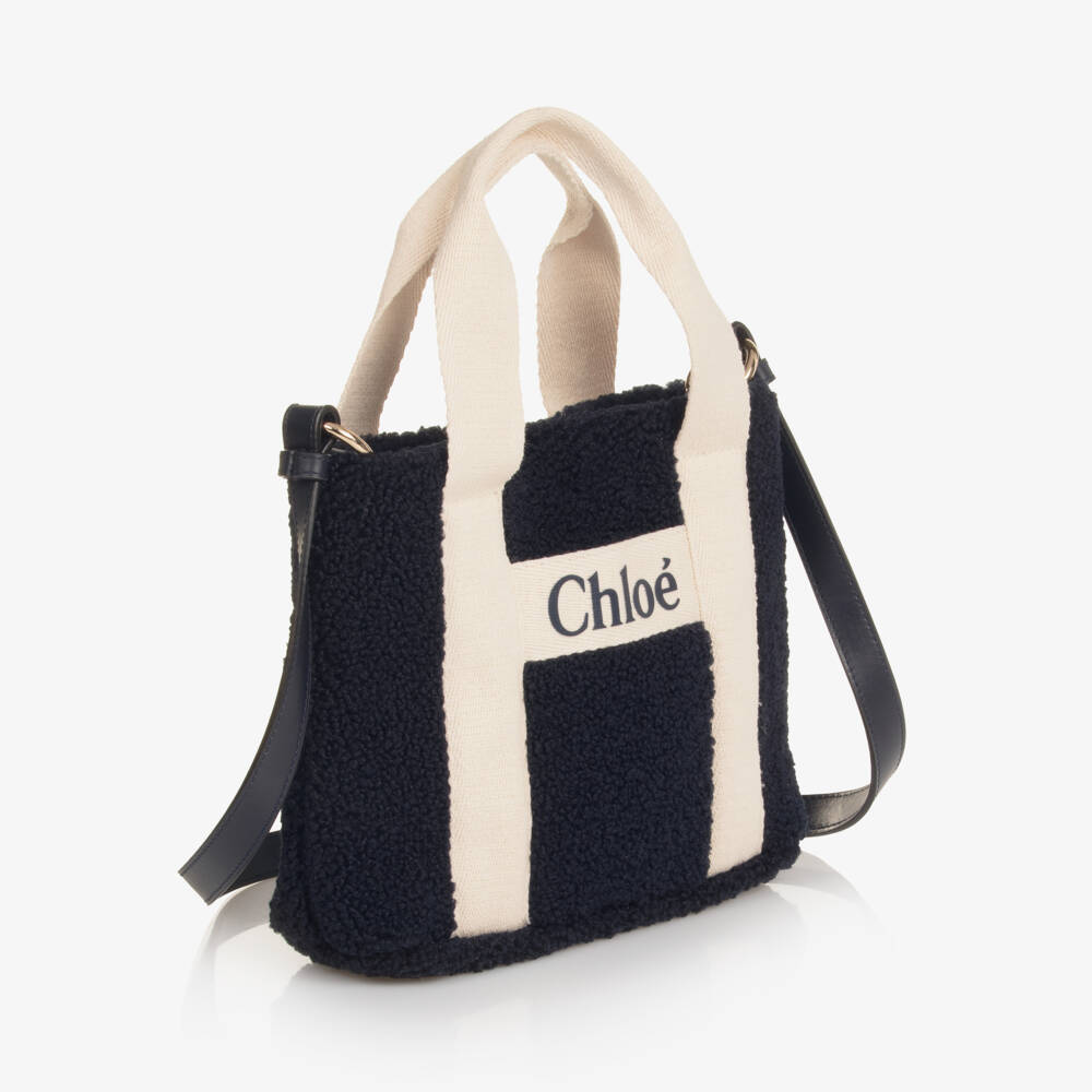 Chloé-Girls Navy Blue Faux Shearling Logo Handbag (28cm) | Childrensalon Outlet