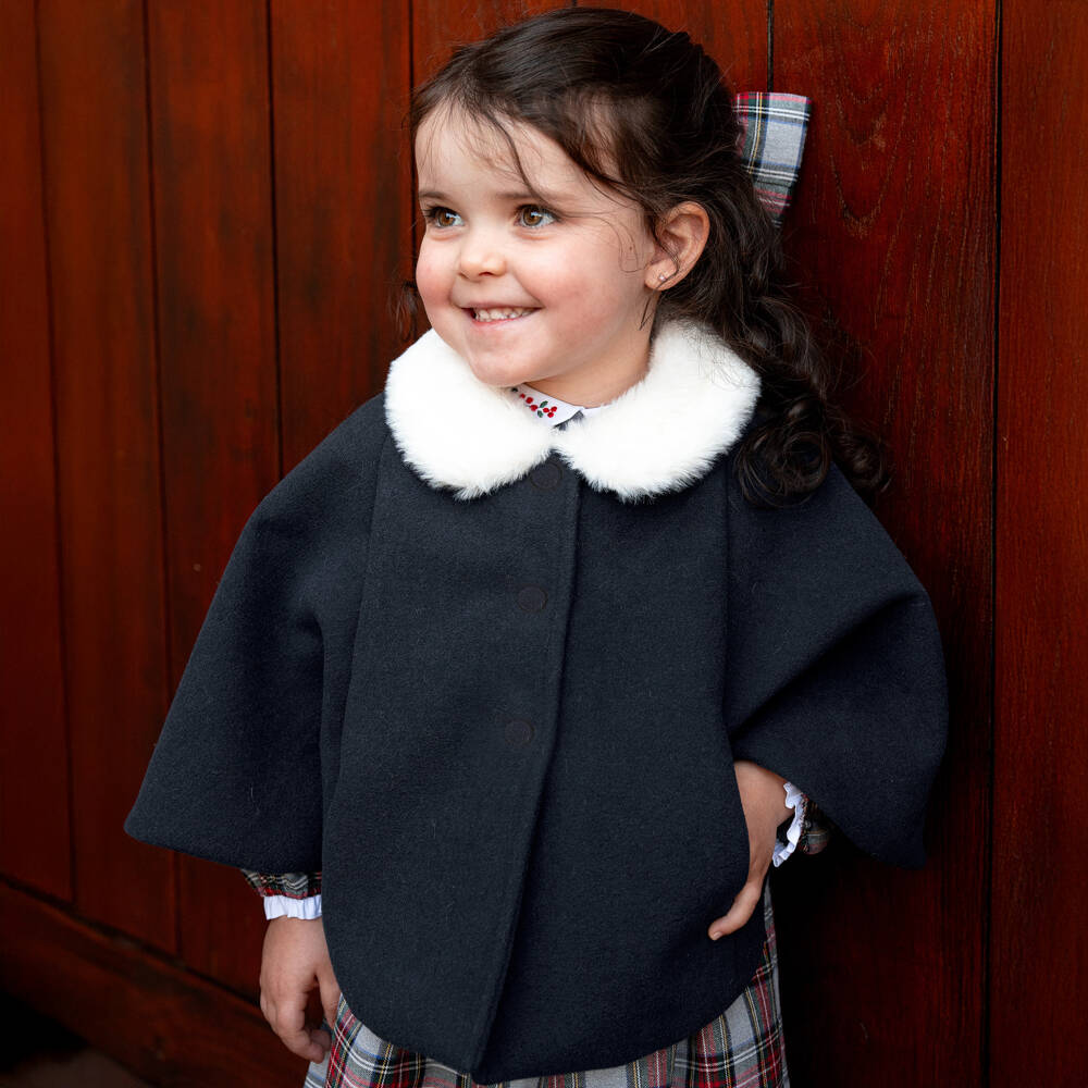 Pureté Du... Bébé-Girls Navy Blue Felted Cape with Detachable Faux Fur Collar | Childrensalon Outlet