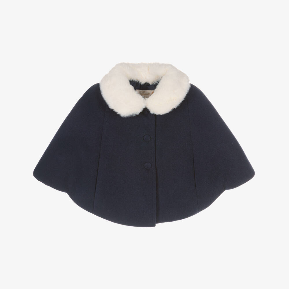 Pureté Du... Bébé-Girls Navy Blue Felted Cape with Detachable Faux Fur Collar | Childrensalon Outlet