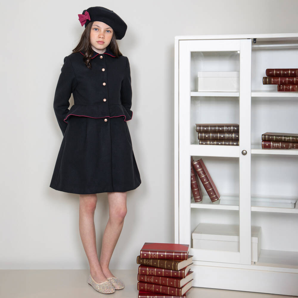 Patachou-Girls Navy Blue Felted Coat with Frill | Childrensalon Outlet