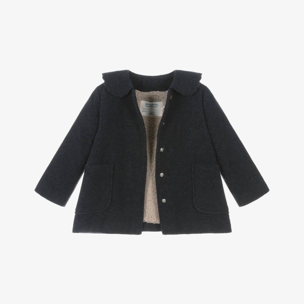 Laranjinha-Girls Navy Blue Felted Coat with Scalloped Collar | Childrensalon Outlet