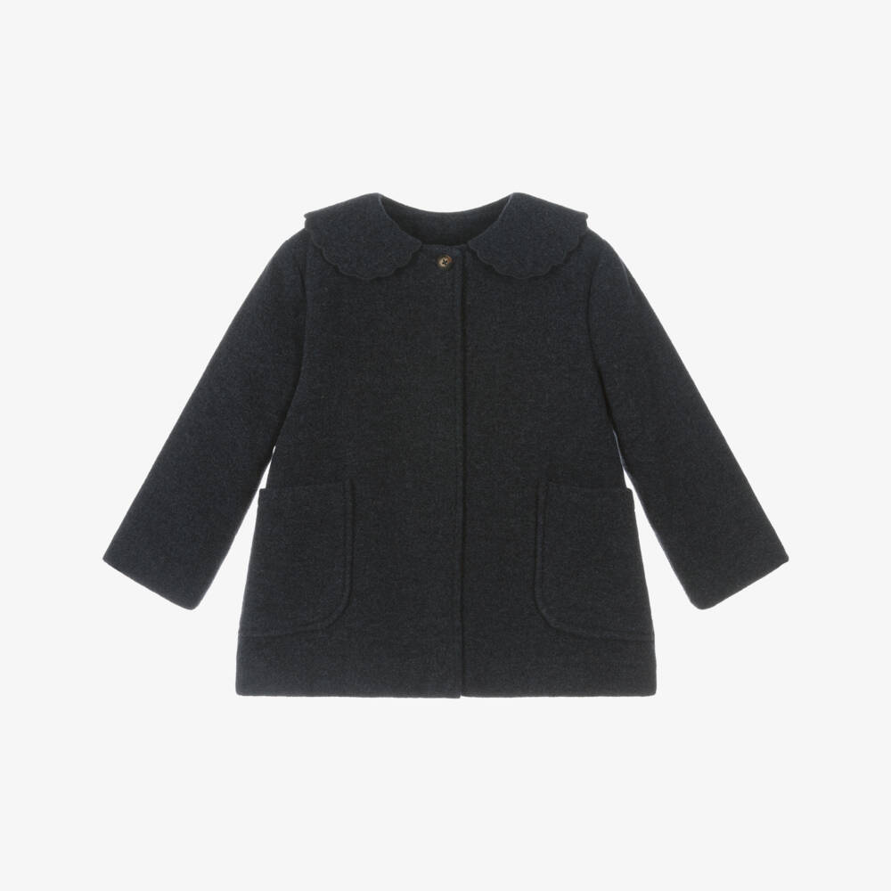 Laranjinha-Girls Navy Blue Felted Coat with Scalloped Collar | Childrensalon Outlet