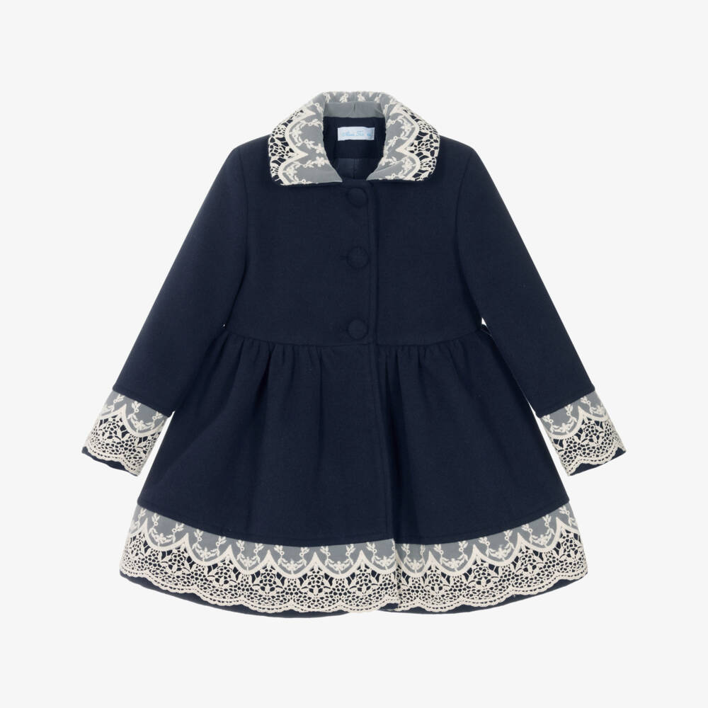 Abuela Tata-Girls Navy Blue Felted Coat with Scalloped Ivory Lace Trims | Childrensalon Outlet