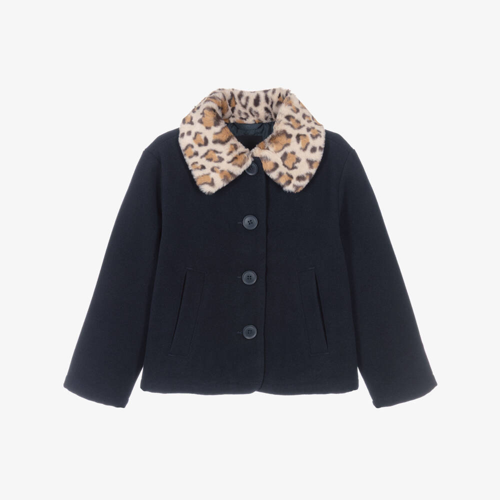 NAME IT-Girls Navy Blue Felted Jacket with Faux Fur Collar | Childrensalon Outlet