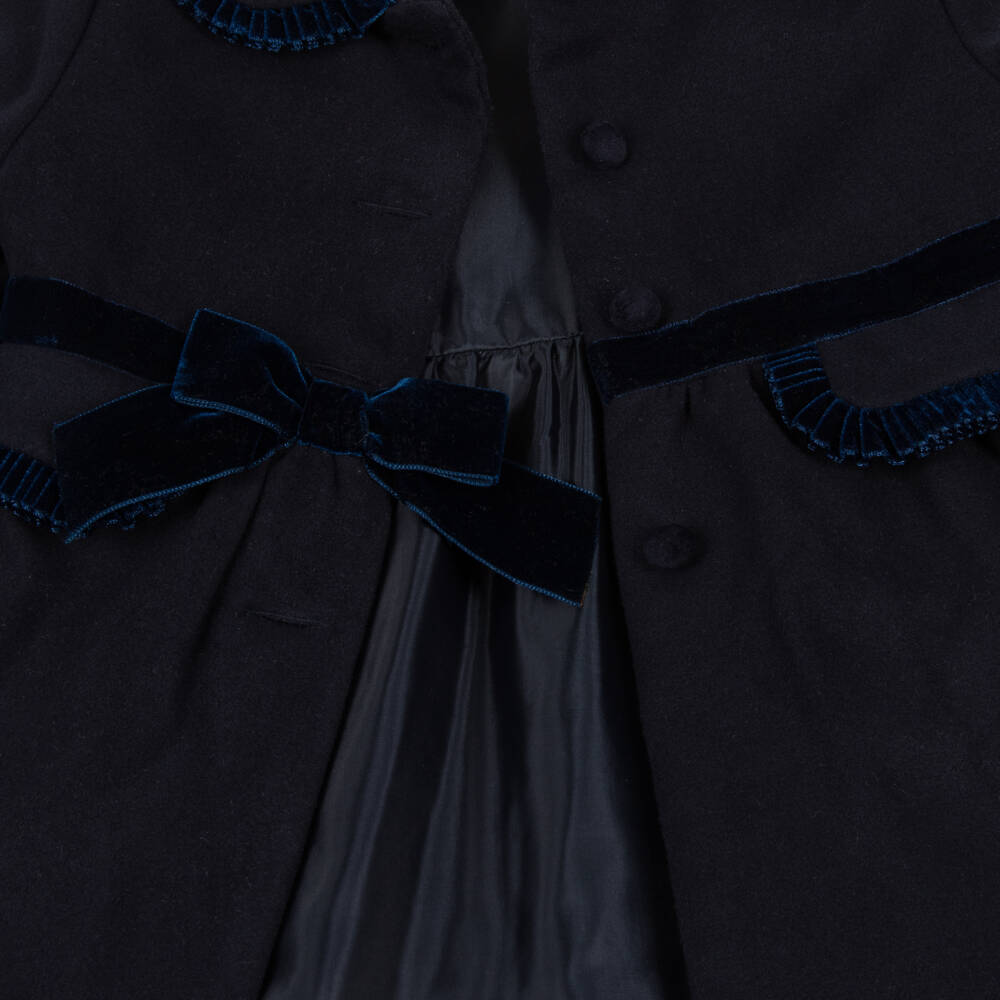 Patachou-Girls Navy Blue Felted & Velvet Ruffle Coat | Childrensalon Outlet