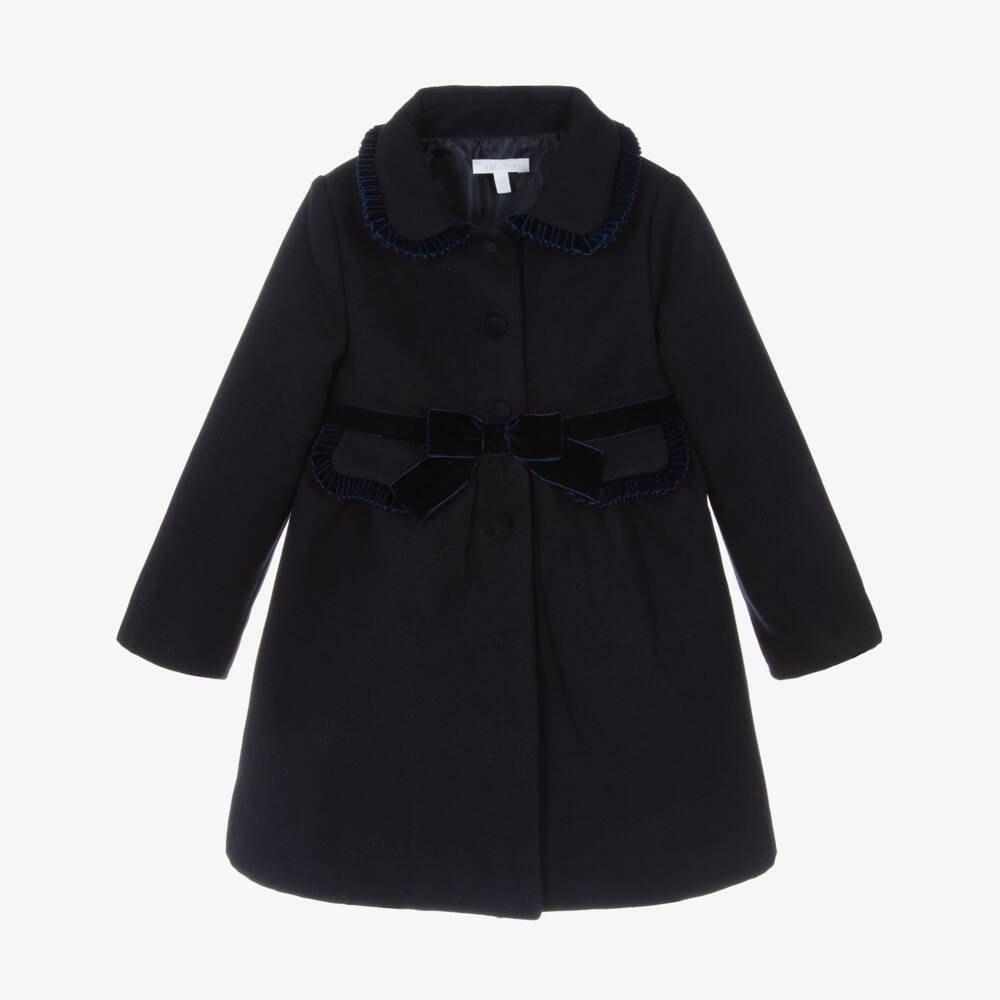 Patachou-Girls Navy Blue Felted & Velvet Ruffle Coat | Childrensalon Outlet