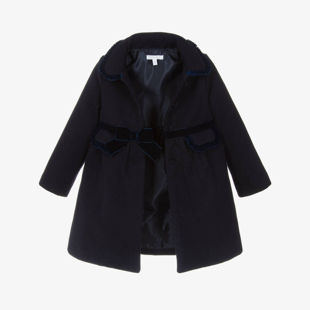Patachou-Girls Navy Blue Felted & Velvet Ruffle Coat | Childrensalon Outlet