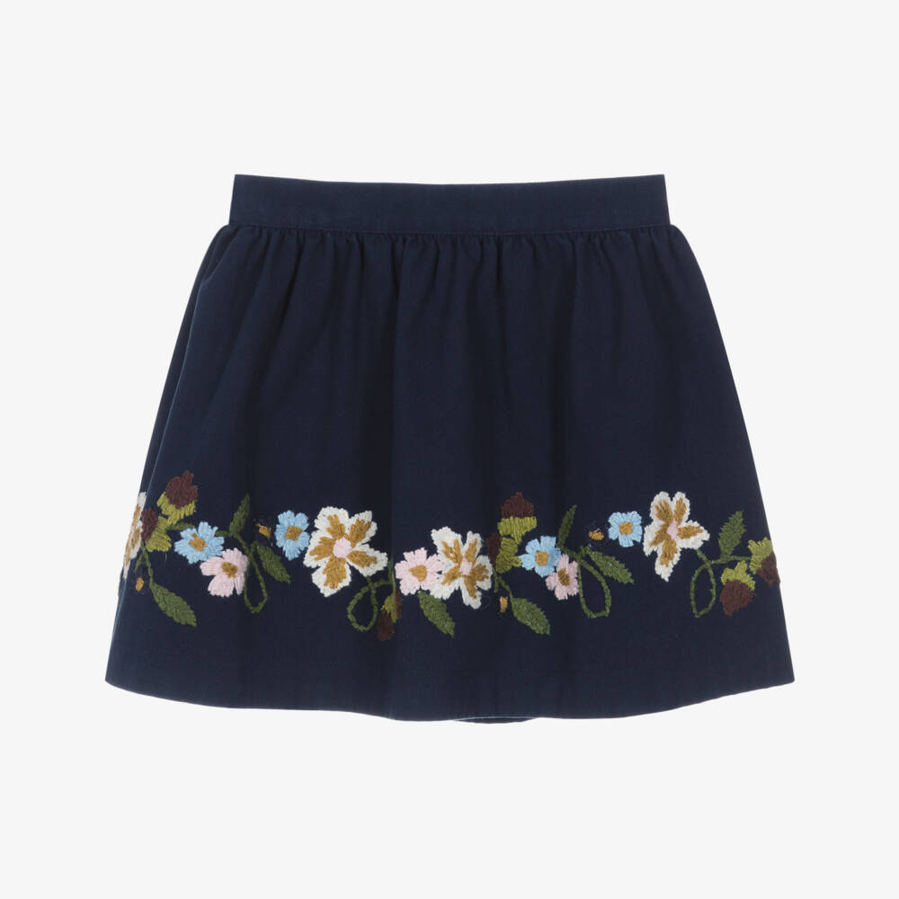 Molo-Girls Navy Blue Floral Embroidered Cotton Twill Skirt | Childrensalon Outlet