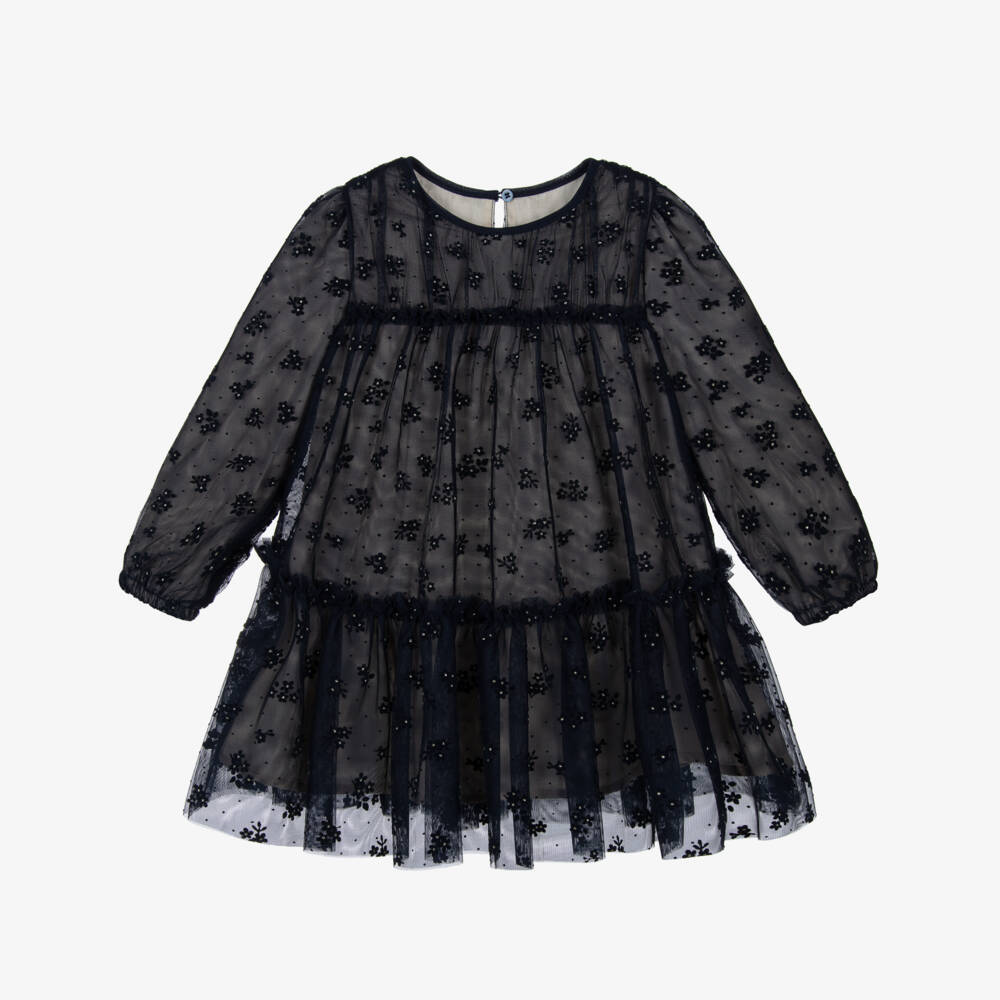 Mayoral-Girls Navy Blue Floral Tulle Dress with Diamantés | Childrensalon Outlet