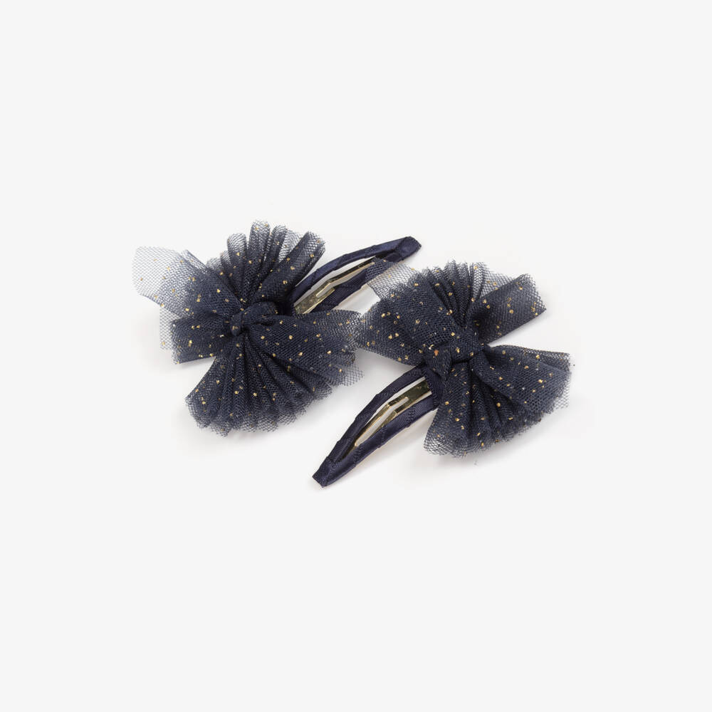 Abel & Lula-Girls Navy Blue & Glittery Gold Tulle Bow Hairclips (2 Pack) | Childrensalon Outlet