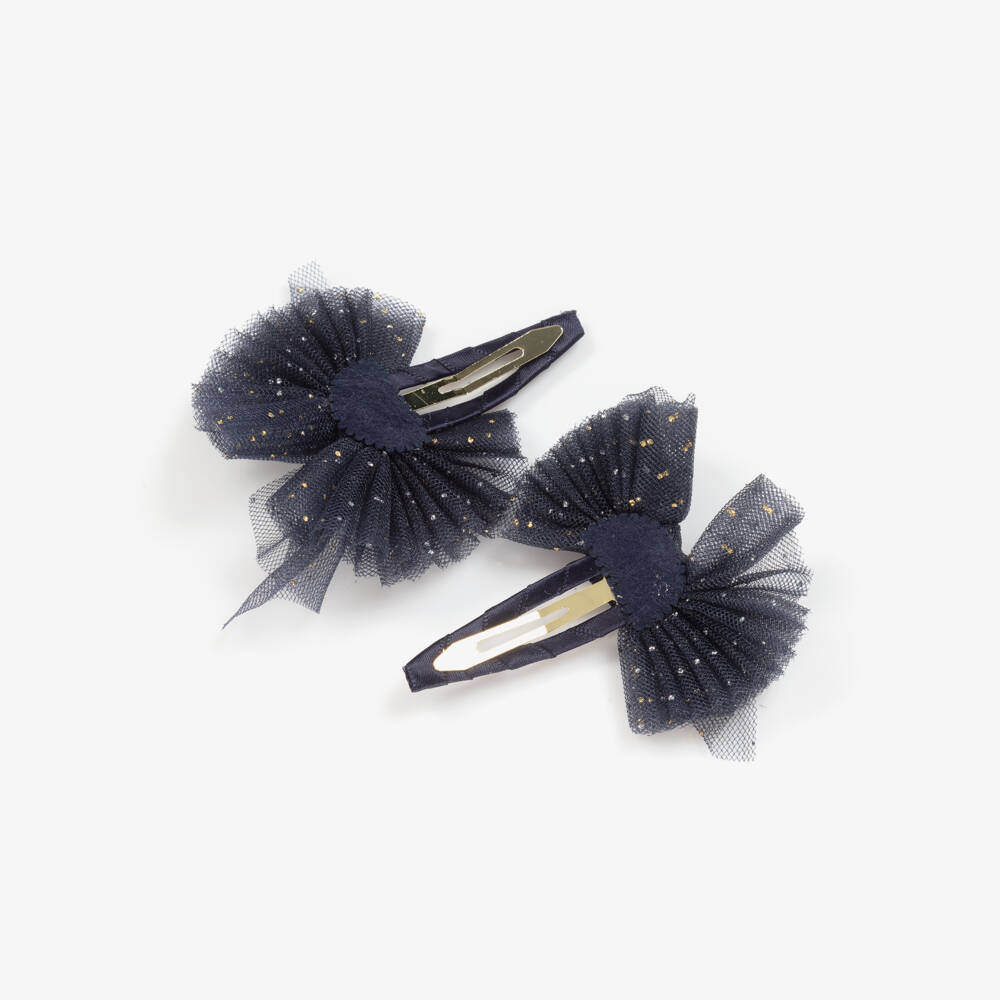 Abel & Lula-Girls Navy Blue & Glittery Gold Tulle Bow Hairclips (2 Pack) | Childrensalon Outlet
