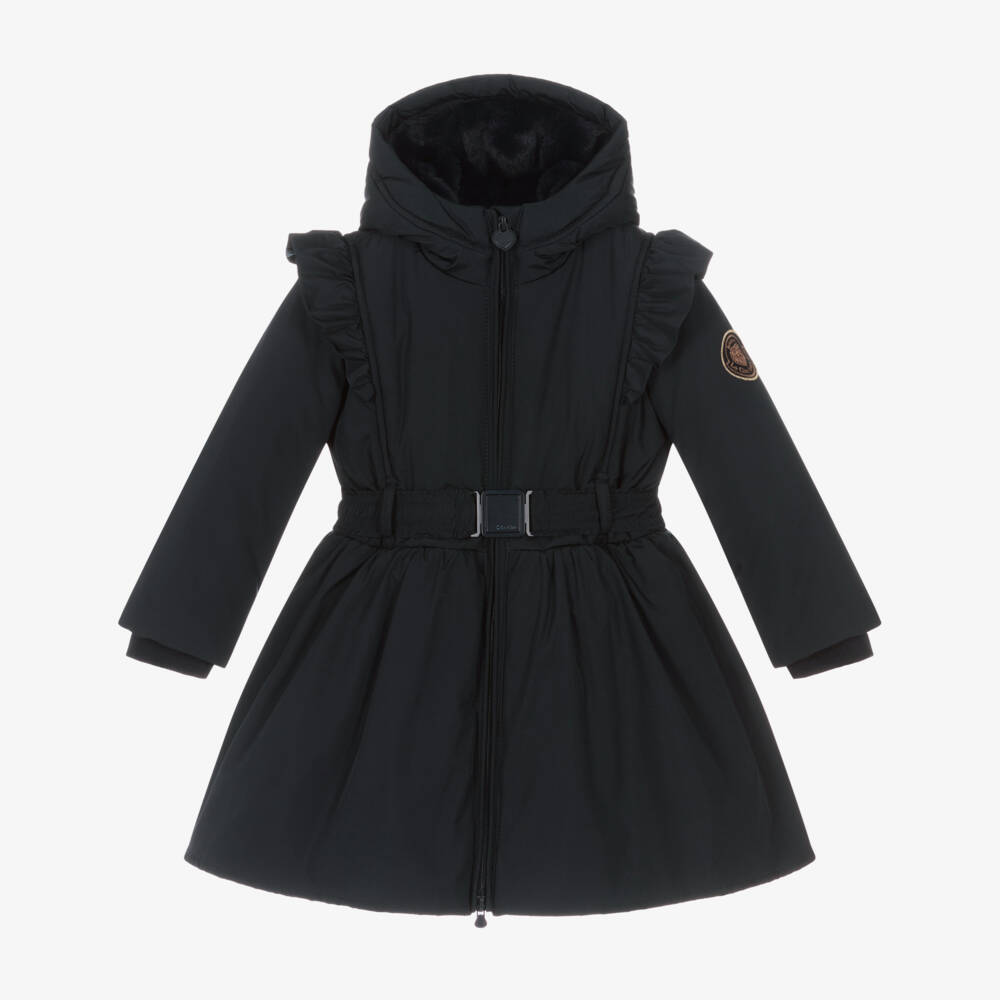 Le Chic-Girls Navy Blue Hooded Coat with Ruffles | Childrensalon Outlet