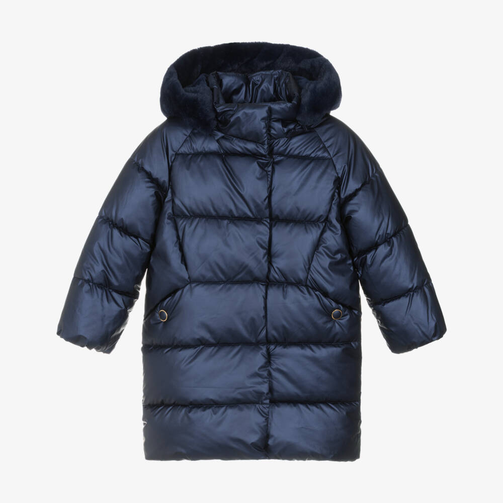 Mayoral-Girls Navy Blue Hooded Puffer Coat with Faux Fur Trim | Childrensalon Outlet