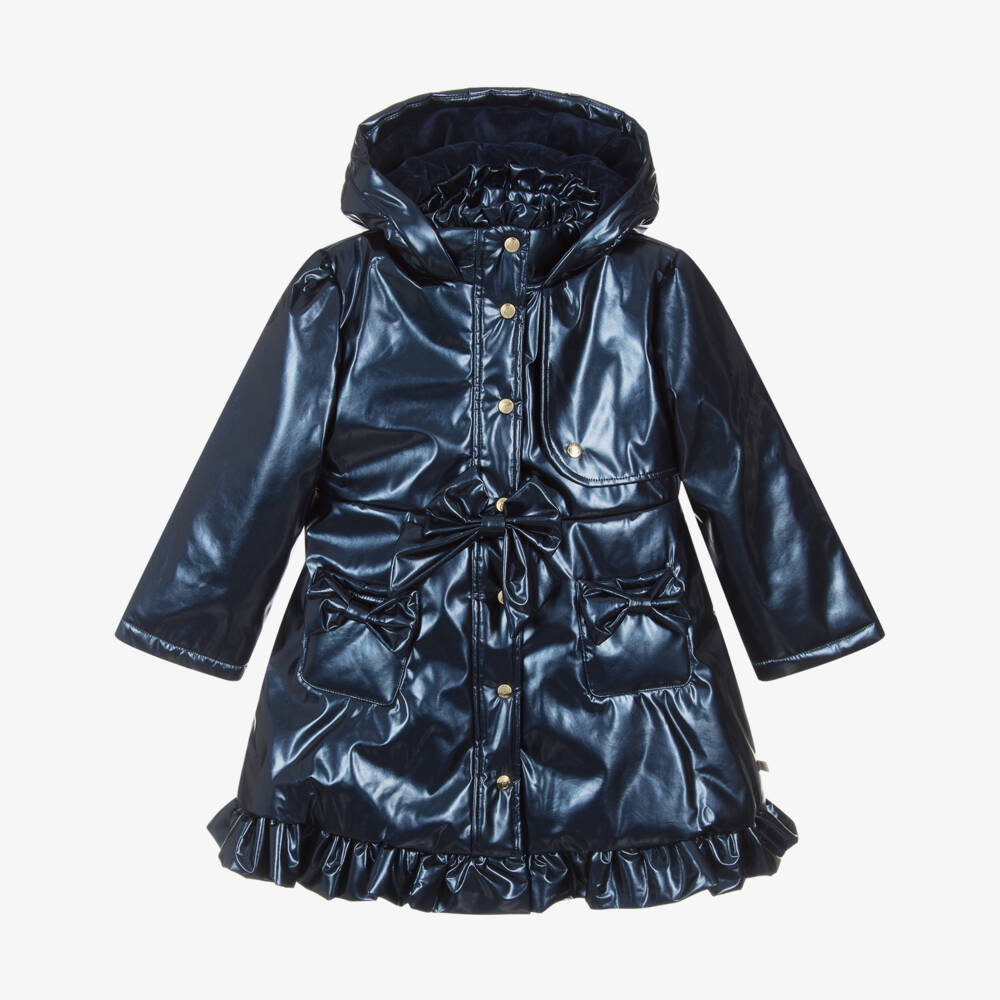 Caramelo Kids-Girls Navy Blue Hooded Raincoat with Bows & Ruffles | Childrensalon Outlet