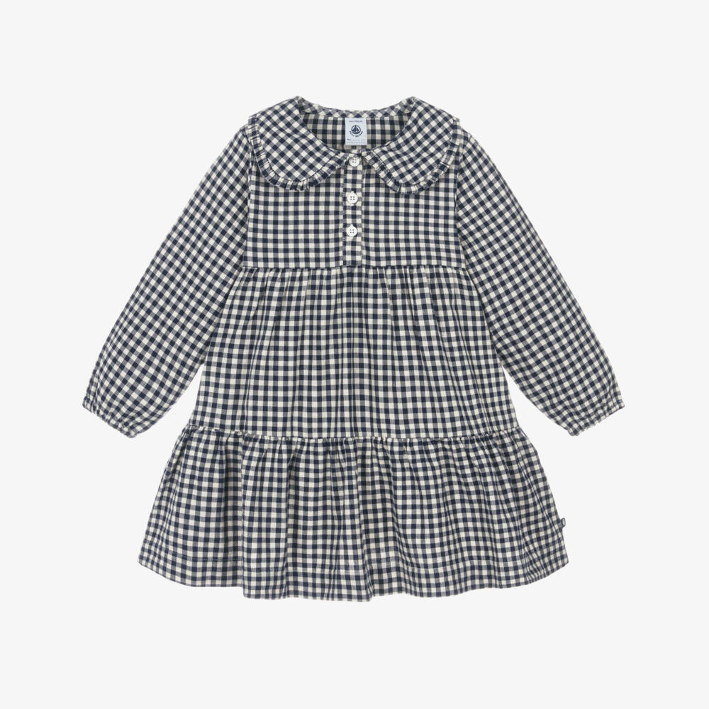 Petit Bateau-Girls Navy Blue & Ivory Gingham Dress | Childrensalon Outlet